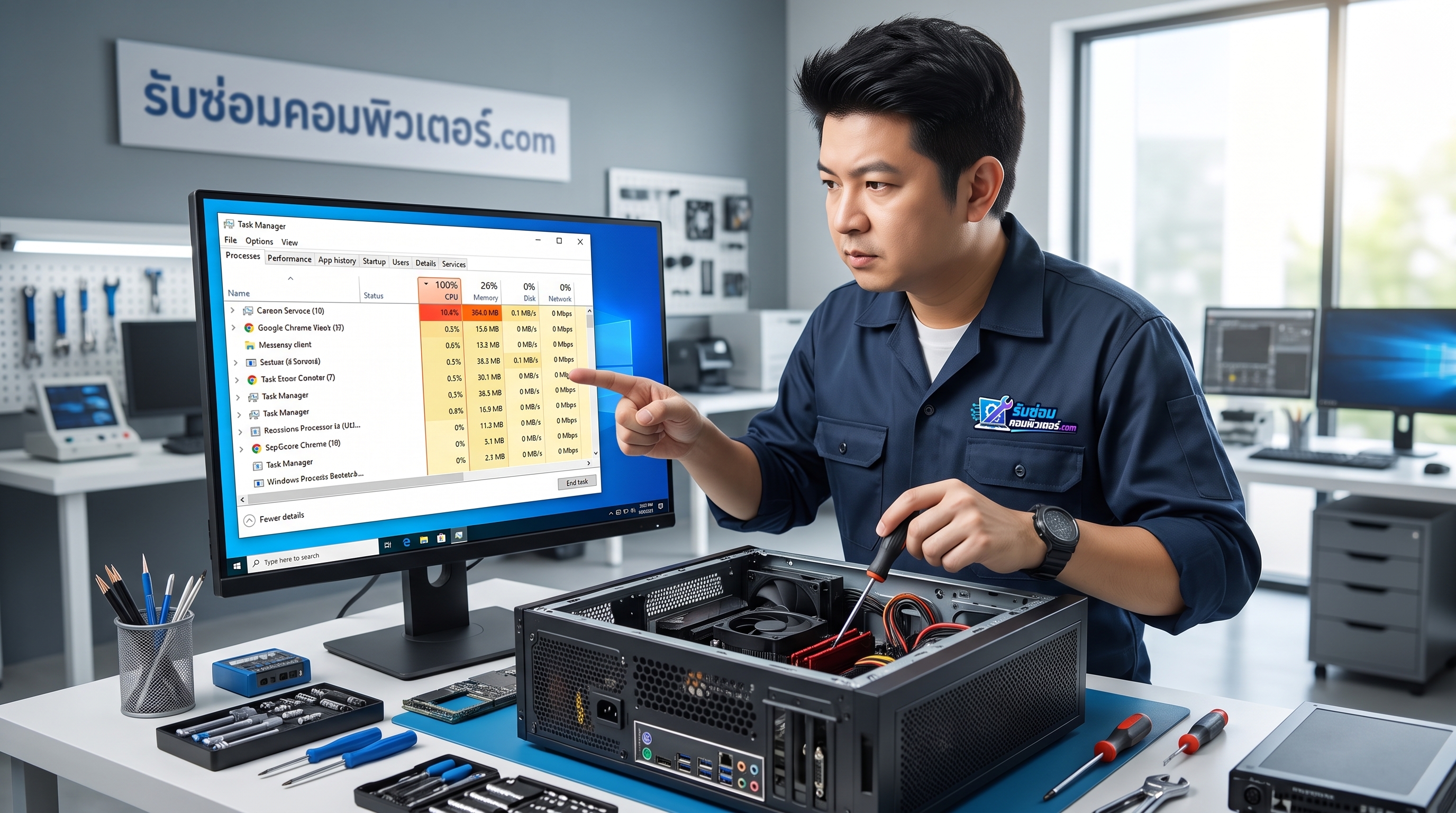 หน้าจอ Task Manager แสดงสถานะ CPU ใช้งาน 100% ทำให้คอมพิวเตอร์ค้างและกระตุก